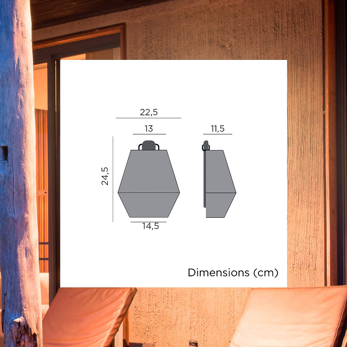 Schéma de dimensions en centimètres du luminaire mural, vues de face et de profil