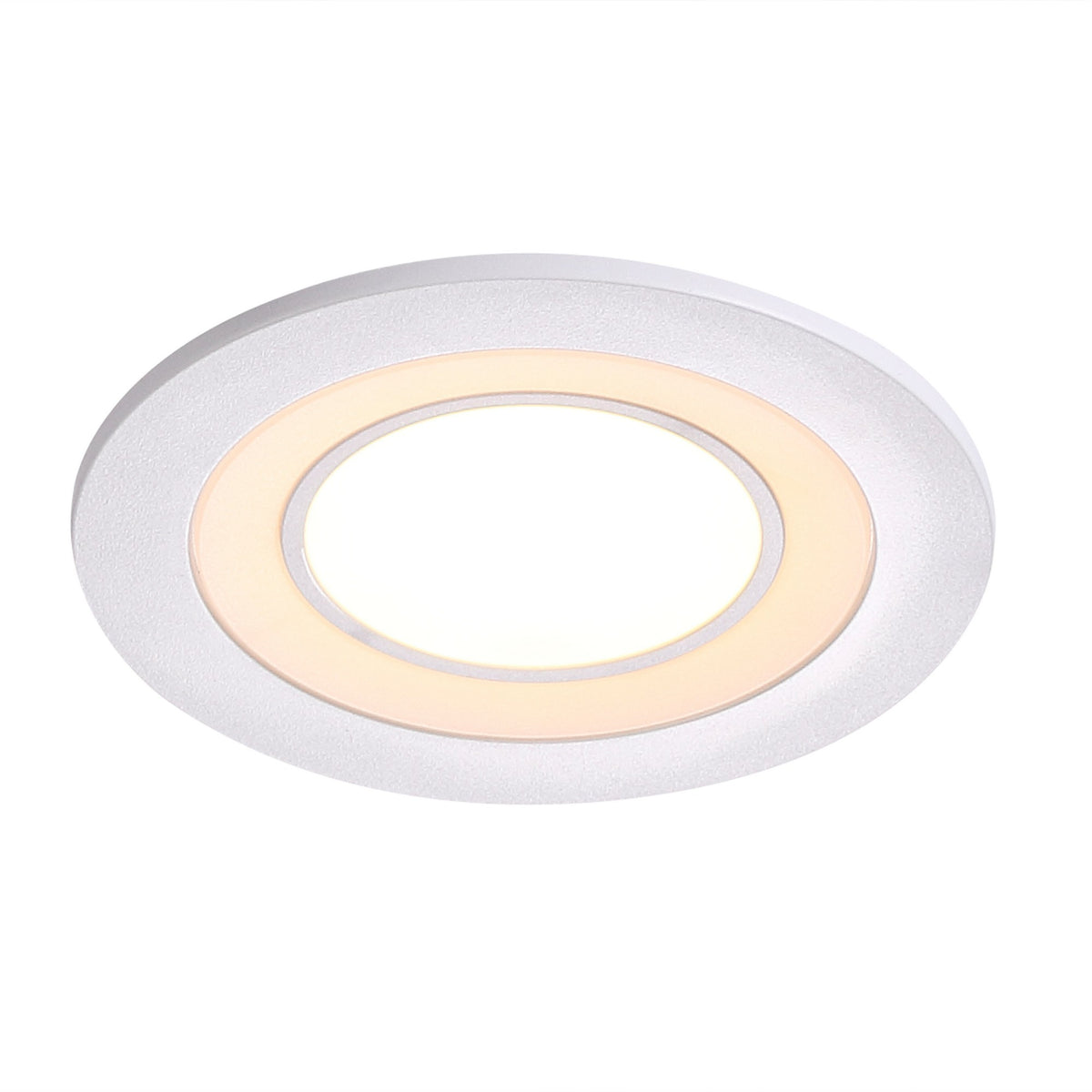 Vue en perspective du luminaire, collerette argent brossé et anneau éclairé
