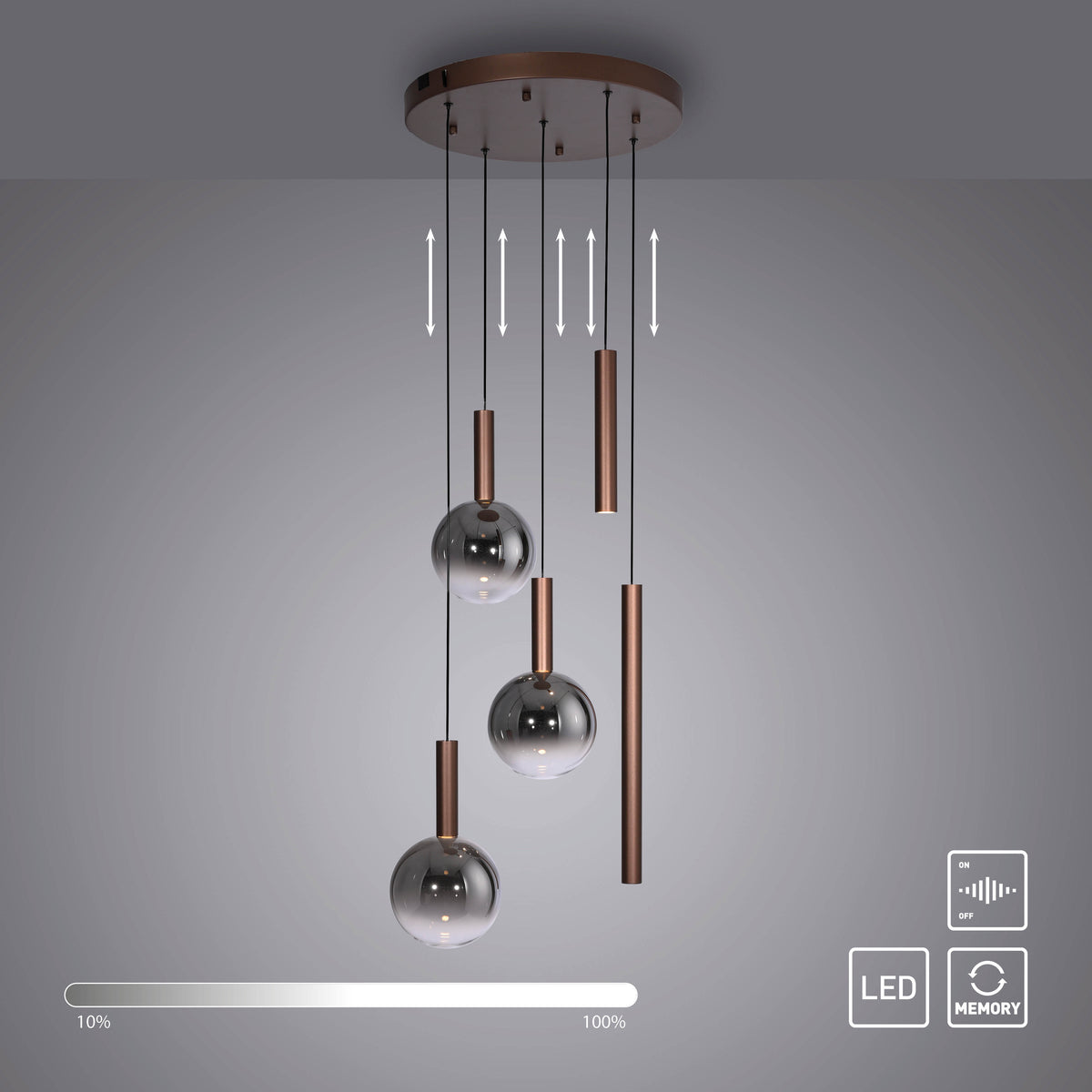Schéma produit avec flèches de réglage en hauteur et icônes variateur LED et mémoire