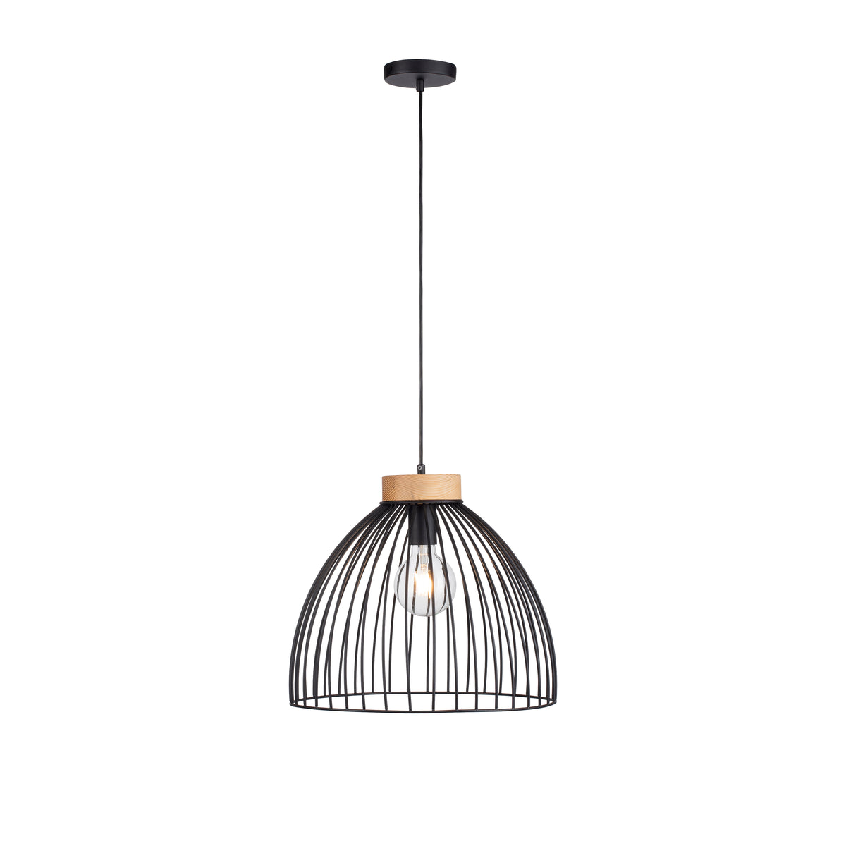 Vue de face sur fond blanc de la suspension cage noire et bois.