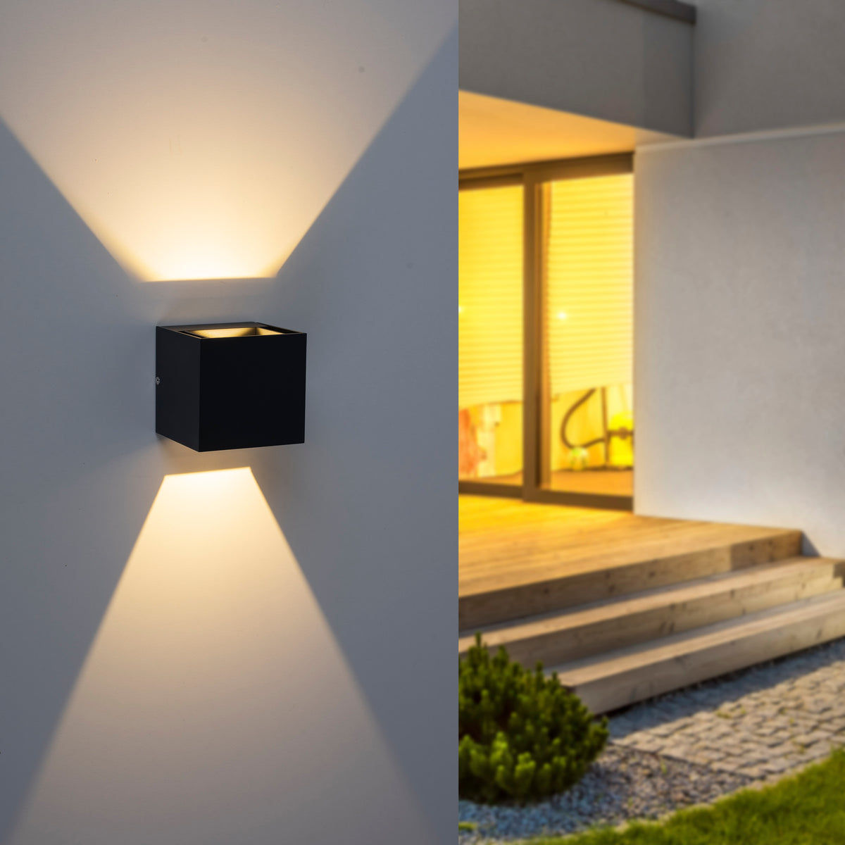 Mise en ambiance extérieure de nuit, applique éclairant un mur près d'une terrasse
