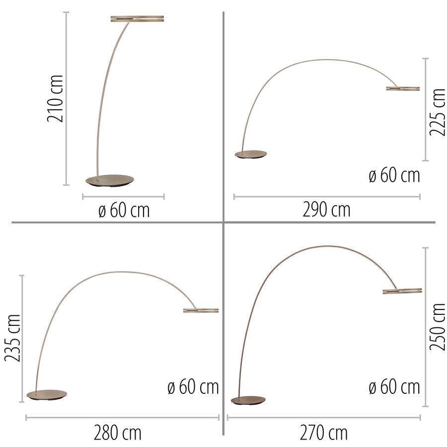 Schéma coté des quatre configurations : hauteurs de 210 à 250 cm et portée jusqu'à 290 cm.