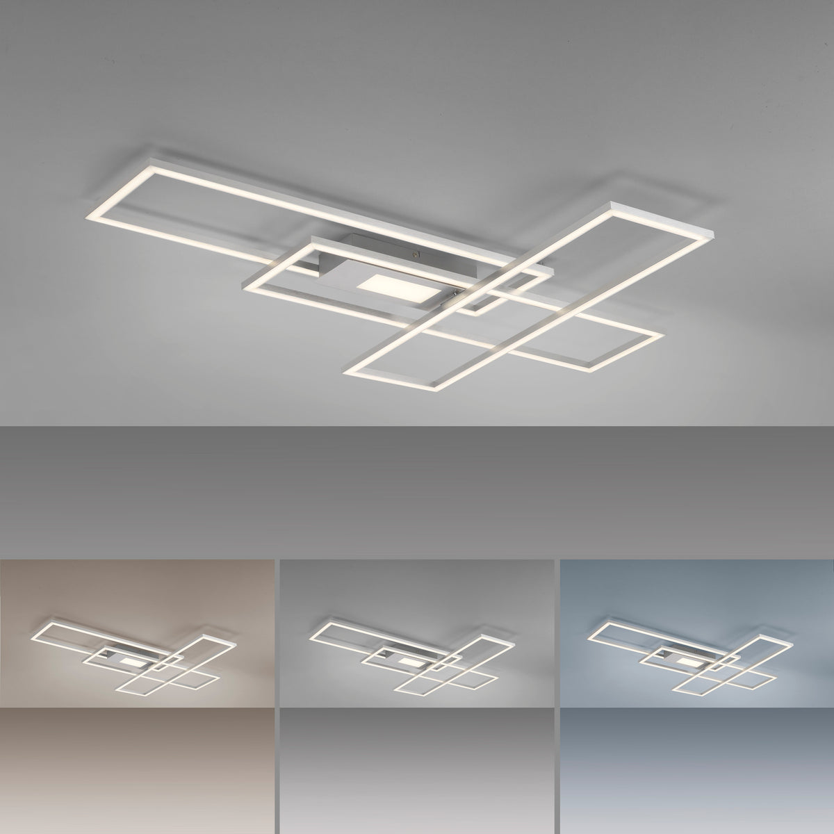 Luminaire éclairé au plafond décliné en trois températures de blanc différentes
