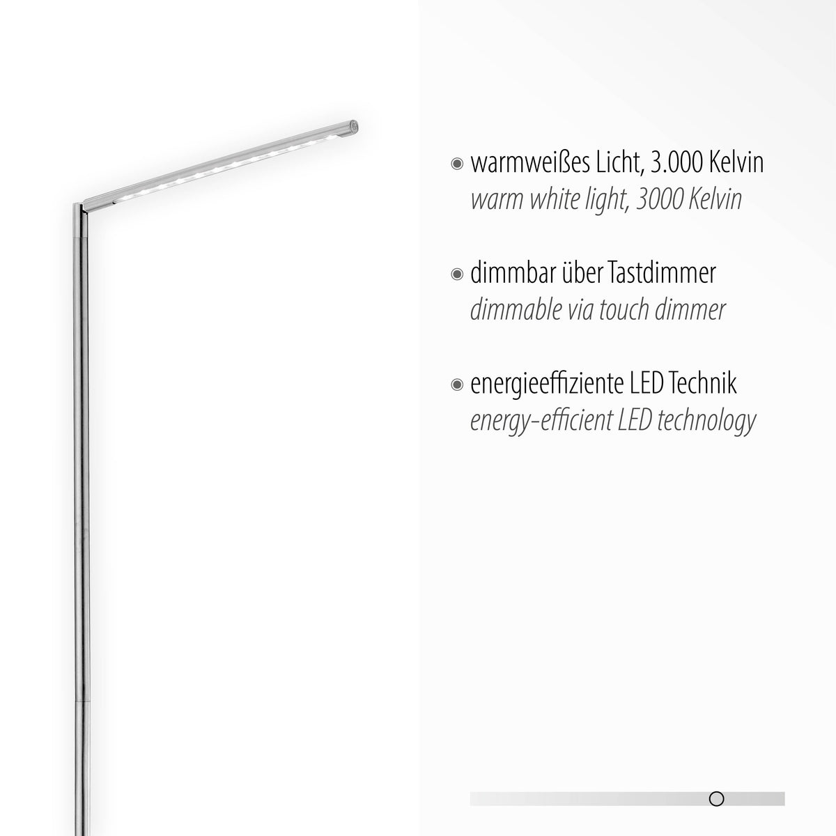 Détail technique du bandeau LED et mentions lumineuses allemandes sur fond blanc.
