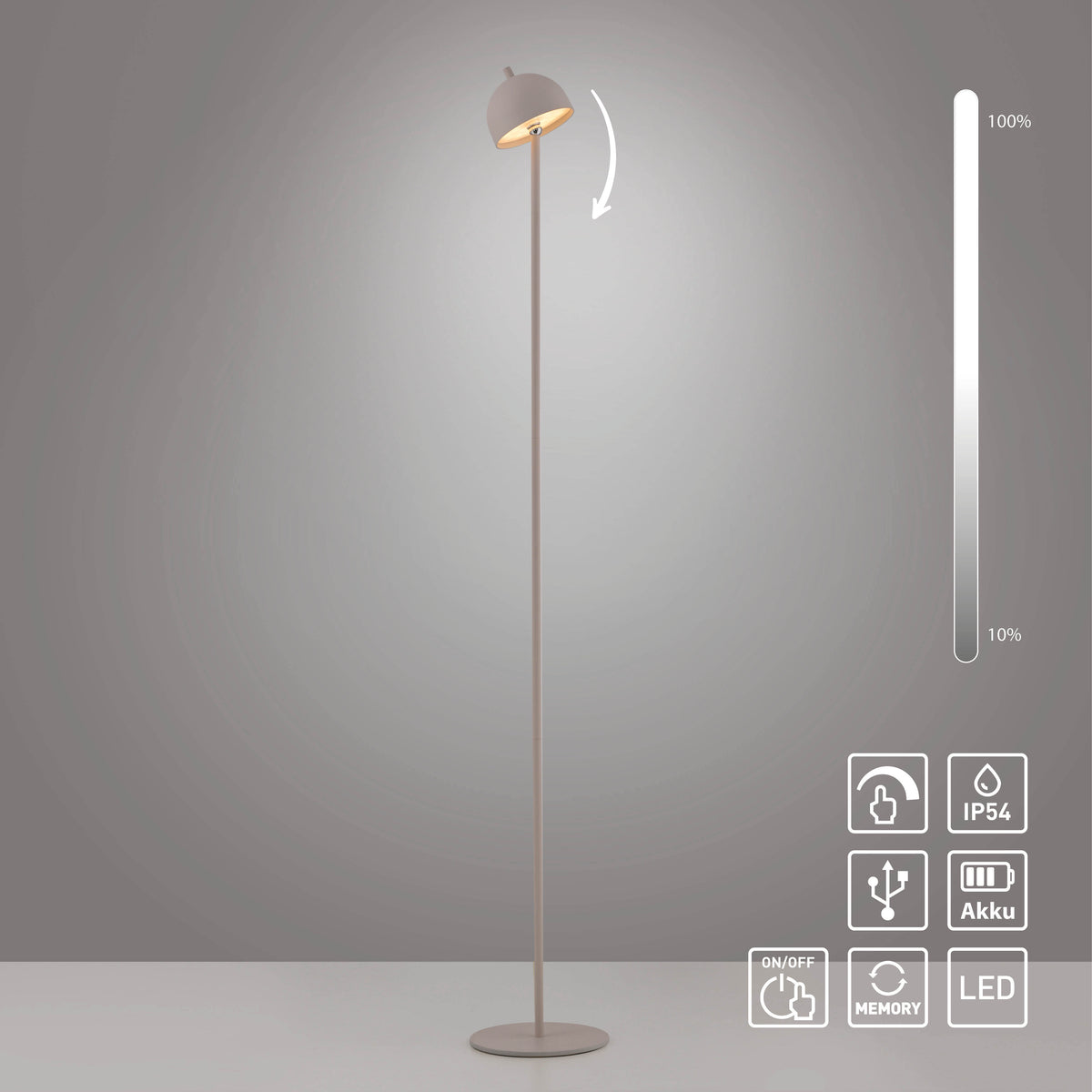 Vue du lampadaire allumé avec variateur et icônes techniques, flèche d'inclinaison.