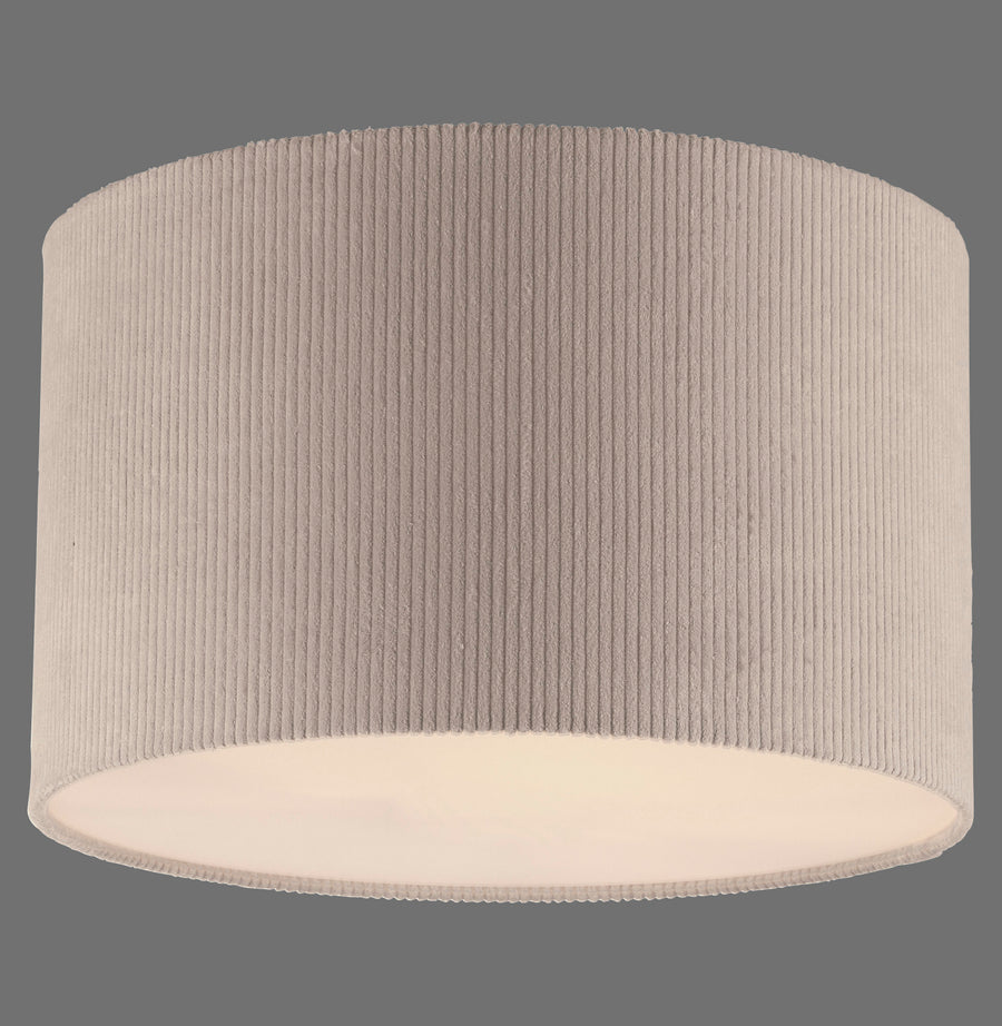 Plafonnier cylindrique beige en cordon côtelé vu de face sur fond gris