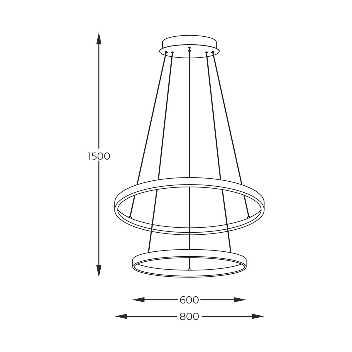Schéma coté de la suspension double anneaux : hauteur 1500 mm, largeurs 800 et 600 mm.