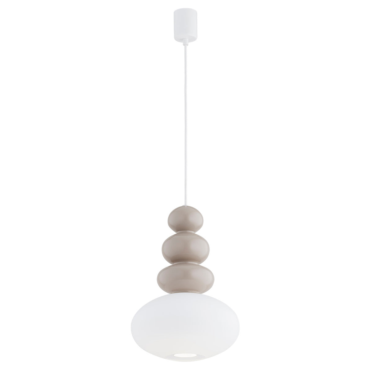 Suspension blanche et beige avec trois formes empilées et diffuseur ovale, vue de face.