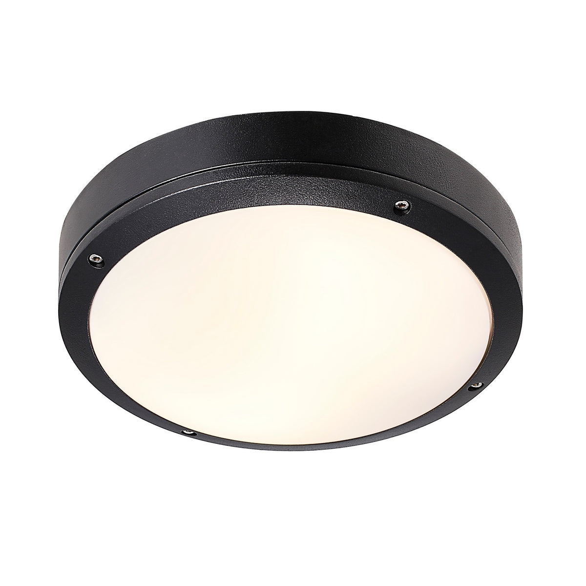 Même luminaire noir présenté de face, montrant le cadre métallique et le verre blanc.