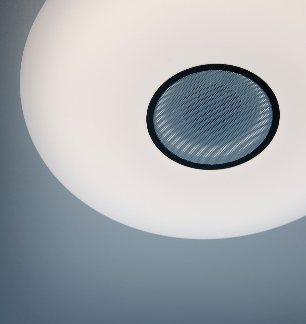 Gros plan du liseré noir et de la grille métallique du luminaire blanc