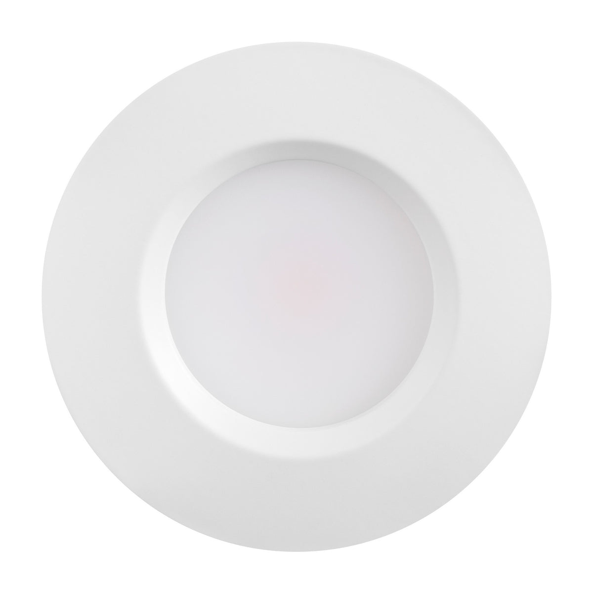 Spot LED rond blanc éteint, vue frontale du diffuseur opalin et de la collerette