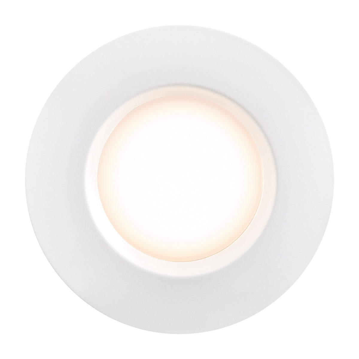 Spot LED rond blanc allumé, vue frontale rapprochée de la collerette et du halo