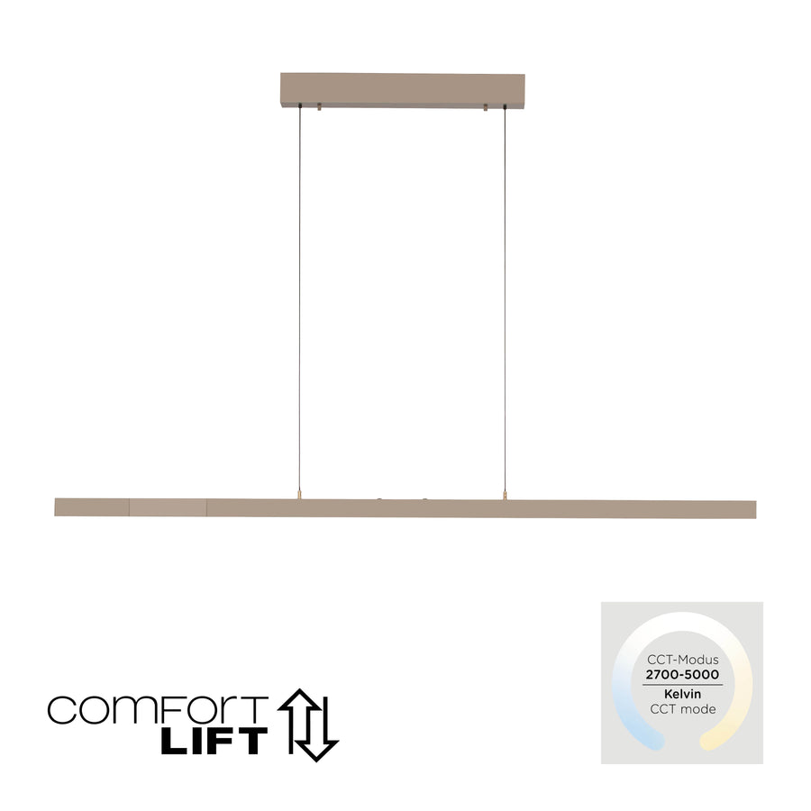 Suspension linéaire avec logo Comfort Lift et indication CCT 2700-5000 Kelvin.