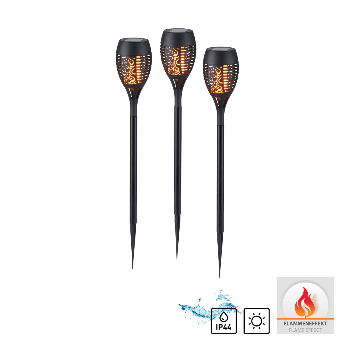 Trois torches solaires noires avec icônes IP44, panneau solaire et effet flamme.