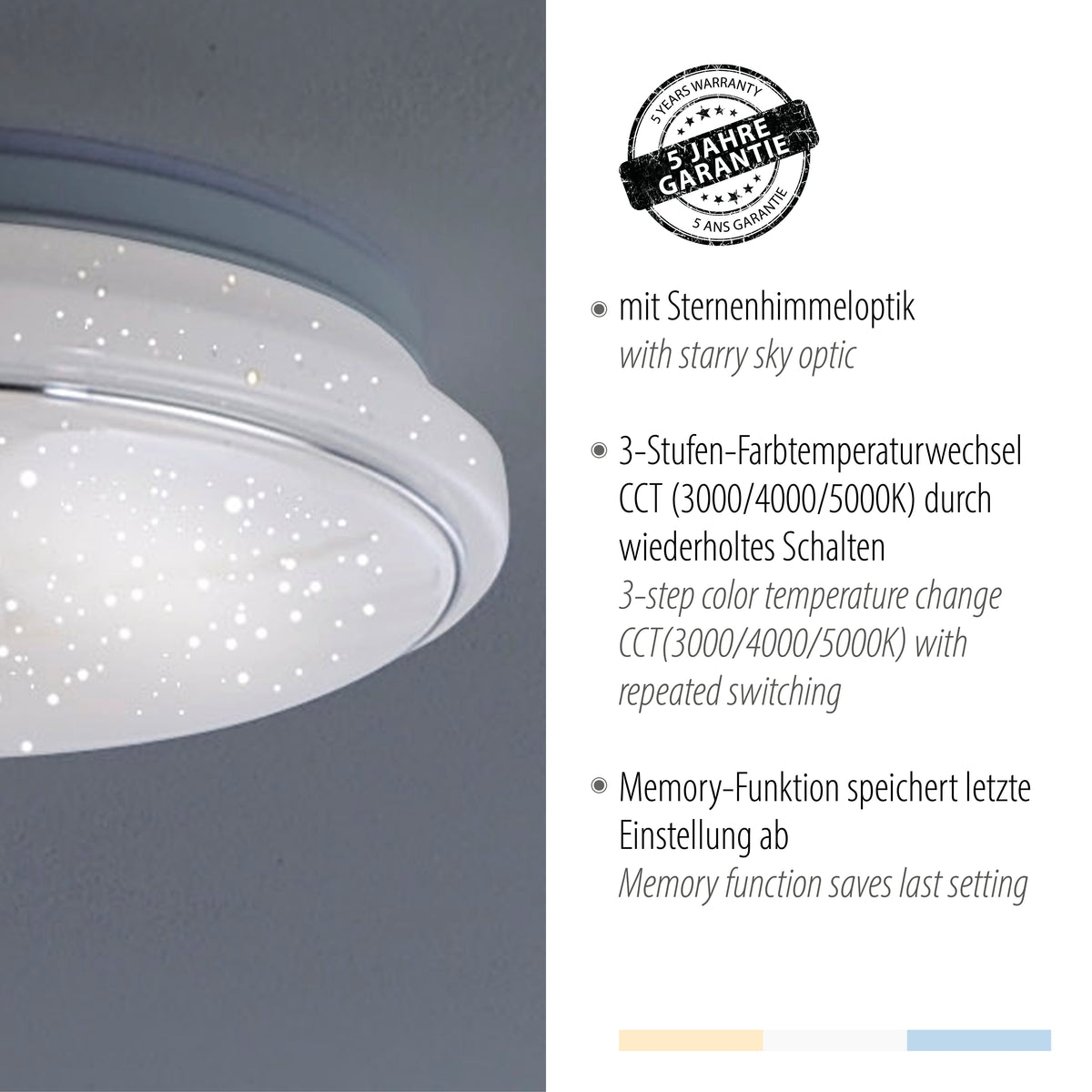 Détail du luminaire avec tampon garantie cinq ans et fonctions décrites