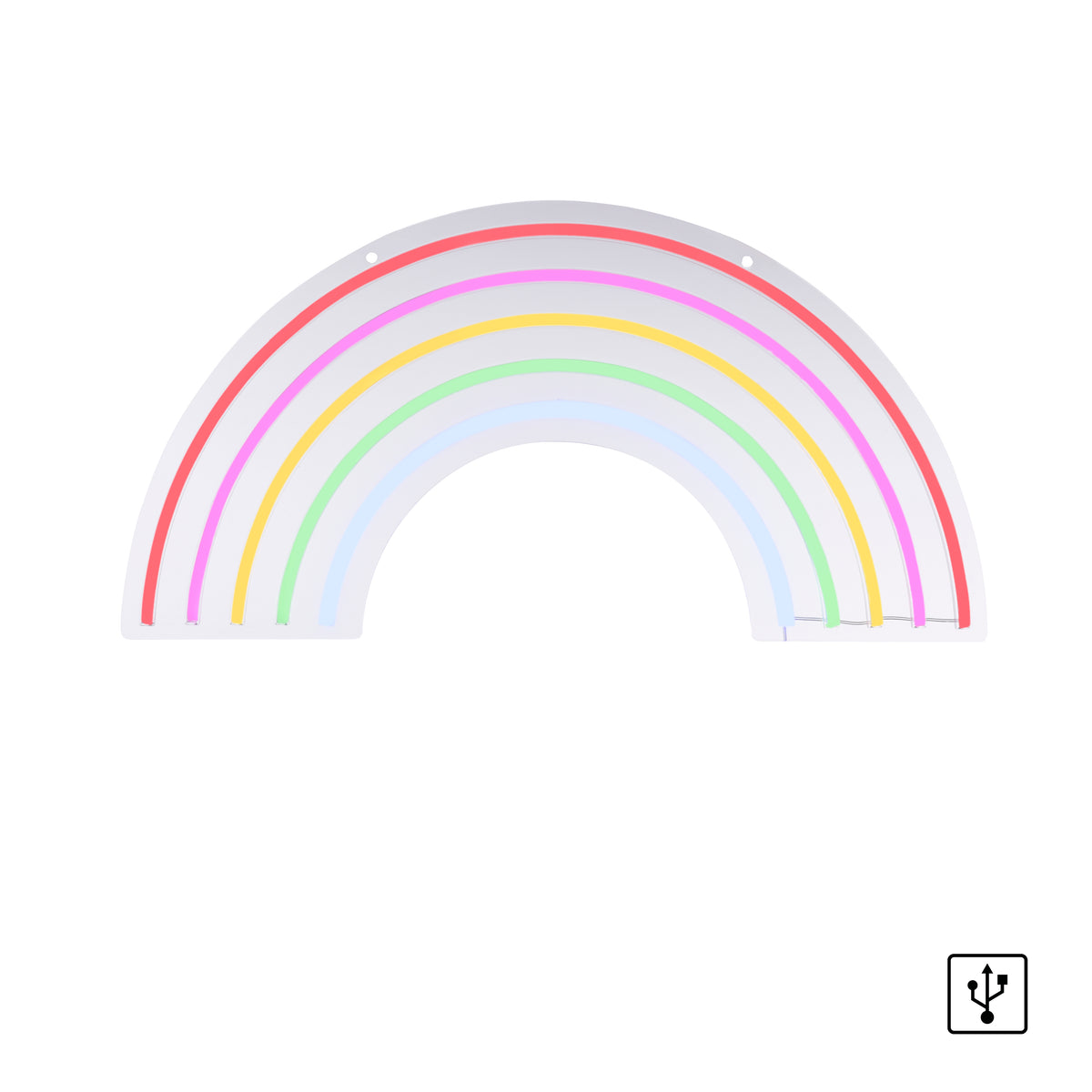 Vue de face sur fond blanc, applique arc-en-ciel éteinte et pictogramme USB.
