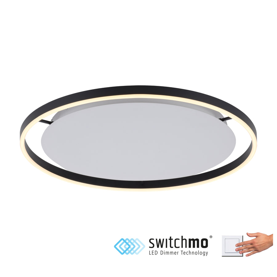 Vue de face du plafonnier avec logo Switchmo et main sur interrupteur variateur.