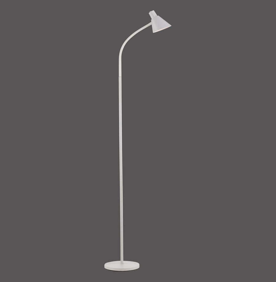 Lampadaire blanc vu de face sur fond gris anthracite, tige fine et tête conique