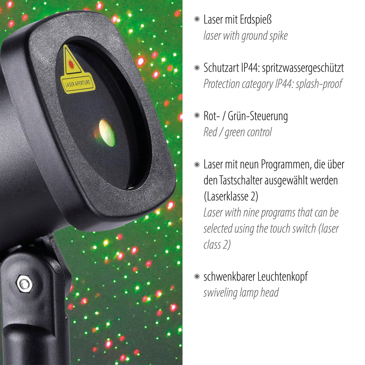 Détail de l'objectif laser avec étiquette d'avertissement et fond de points rouges et verts.