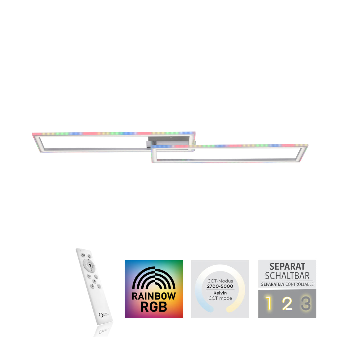 Plafonnier présenté avec télécommande et pictogrammes RGB, température de couleur et contrôle séparé.