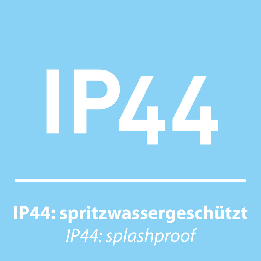 Fond bleu avec inscription IP44 et mention allemande spritzwassergeschützt, produit non visible.