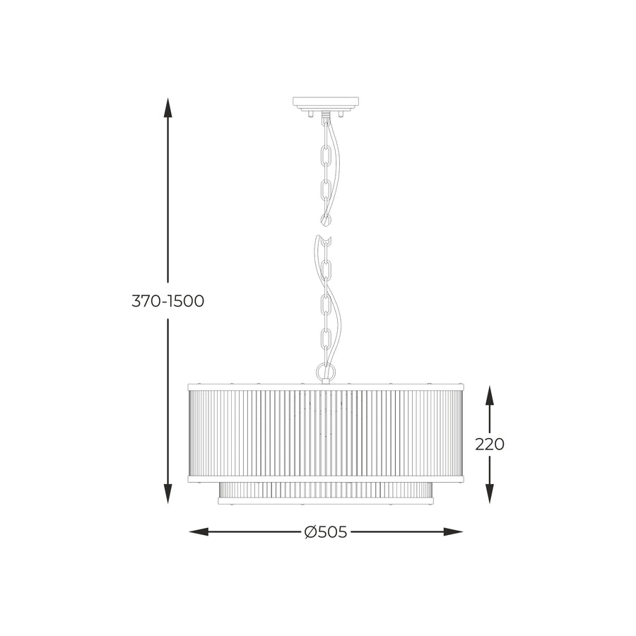 Schéma technique coté indiquant hauteur réglable, diamètre et hauteur du luminaire