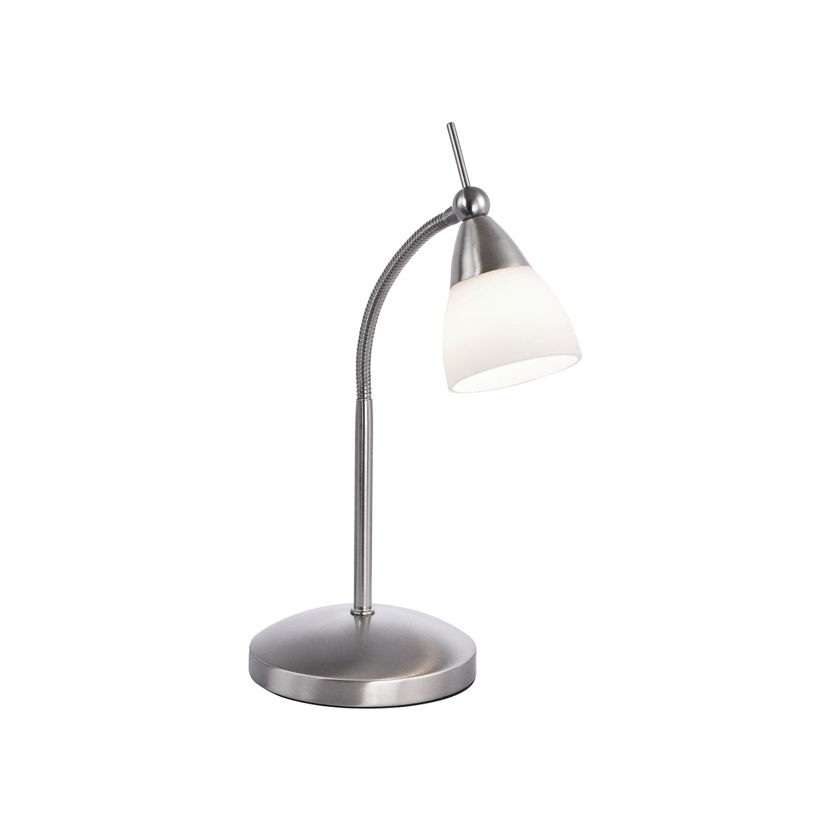 Vue de face de la lampe Pino sur fond blanc, abat-jour conique en verre blanc.