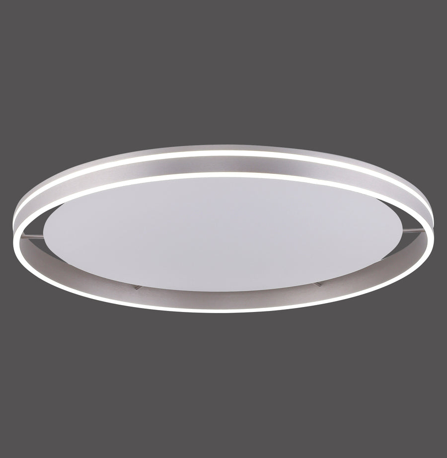 Vue de face du plafonnier rond en acier avec anneau LED allumé