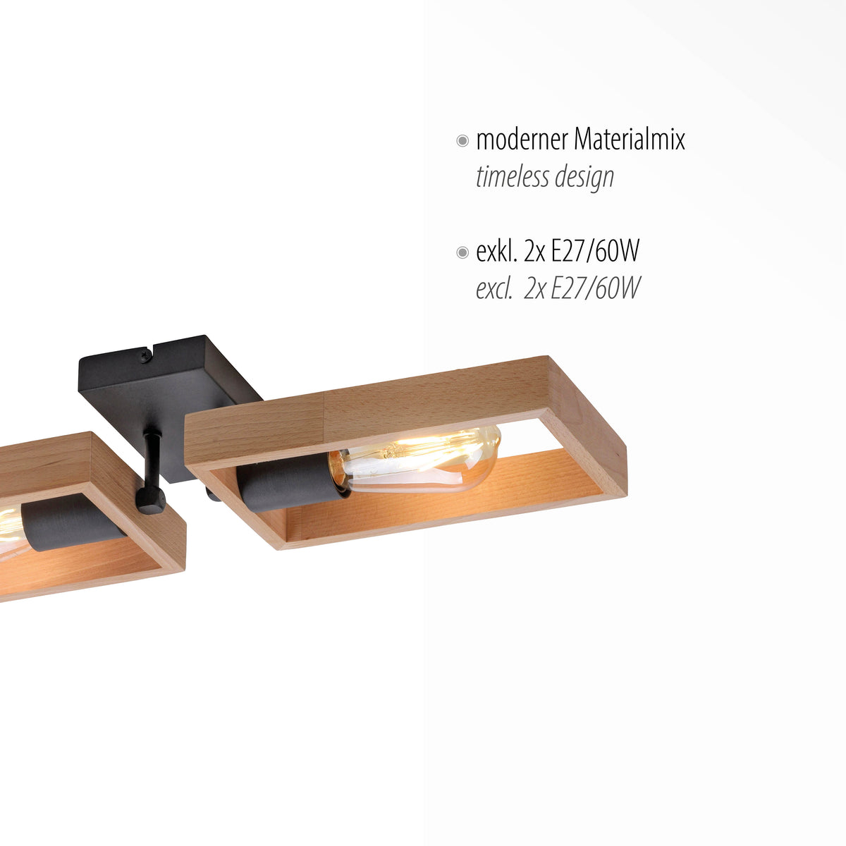 Détail de la finition bois et métal noir avec mention ampoules E27 non incluses