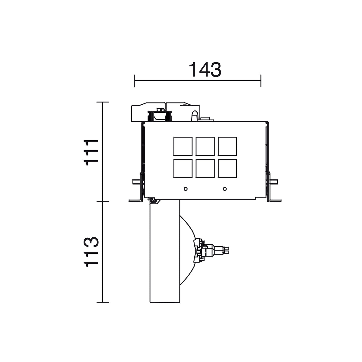 Schéma technique coté du spot encastrable avec dimensions et ampoule orientable.