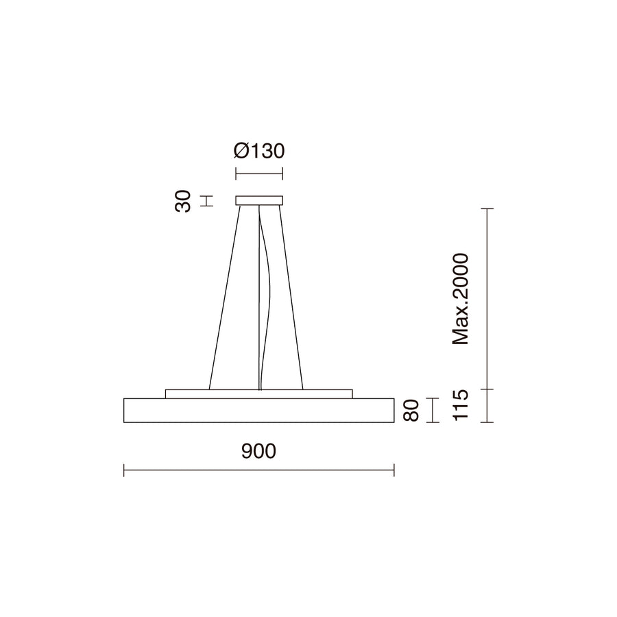 Schéma de dimensions du grand modèle : diamètre 900 mm et hauteur réglable.
