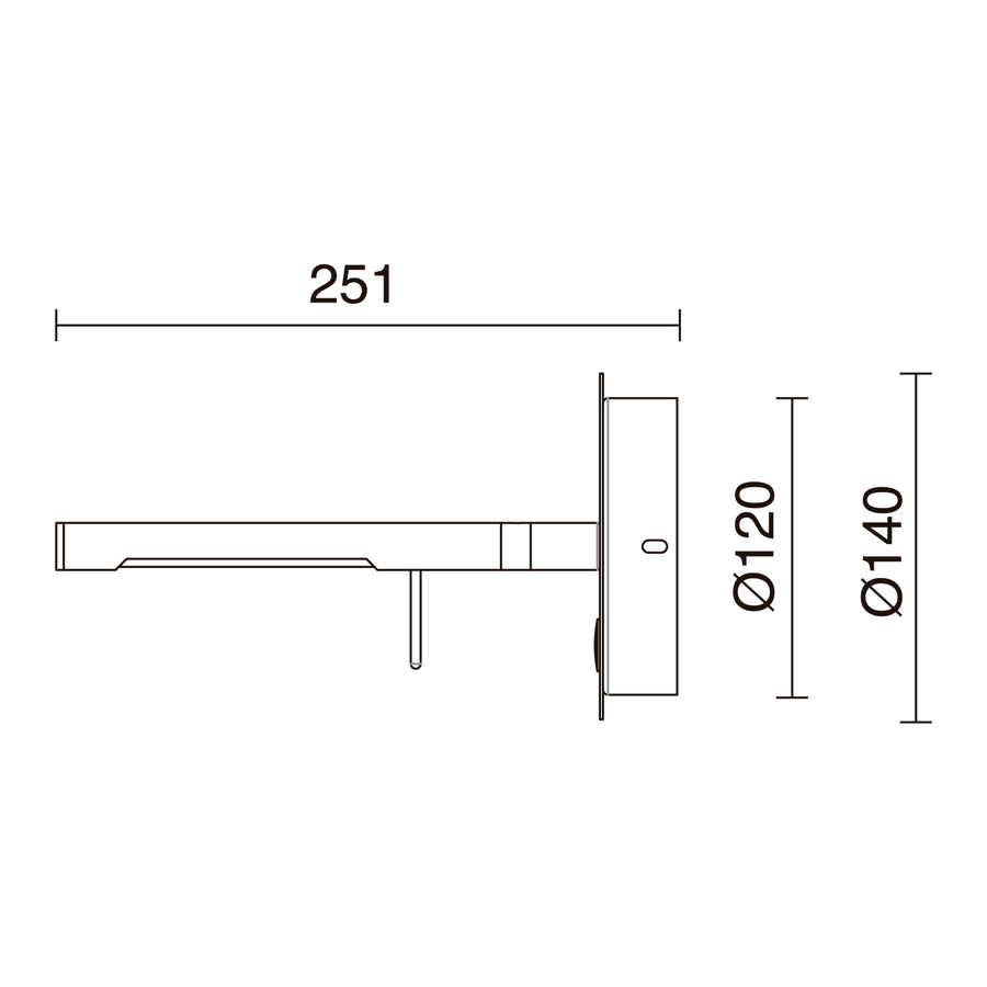 Schéma technique coté montrant les dimensions du bras et du disque de fixation murale.