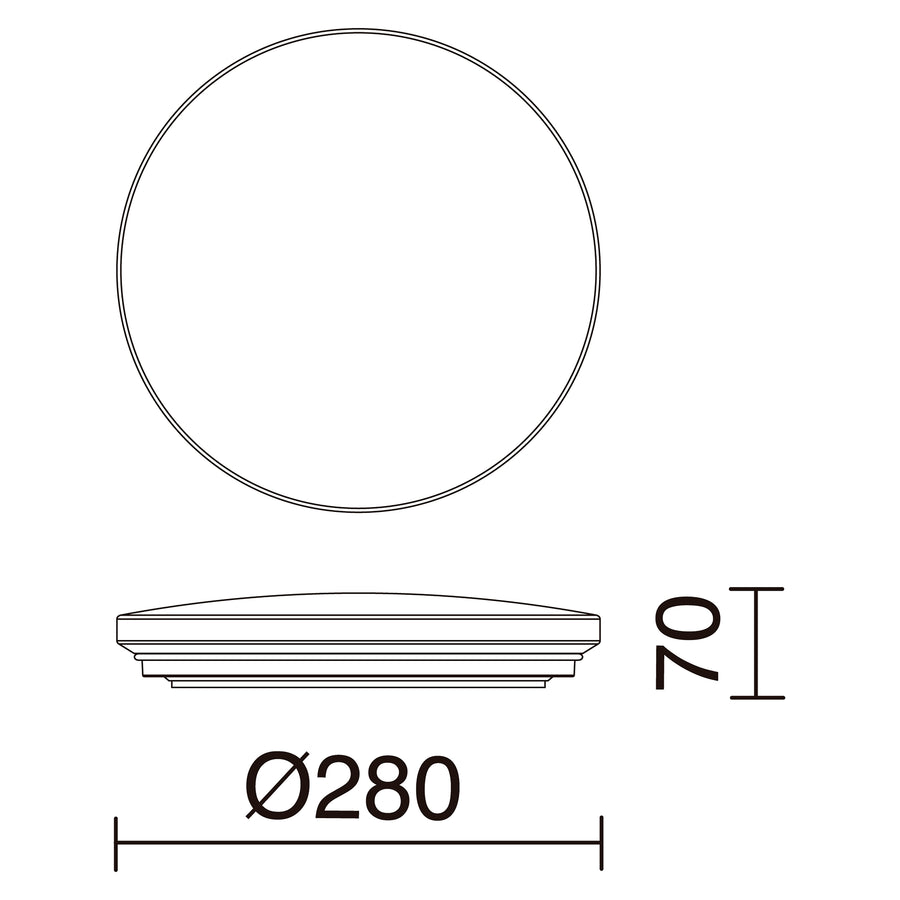 Schéma technique coté : diamètre 280 mm et hauteur 70 mm du plafonnier.