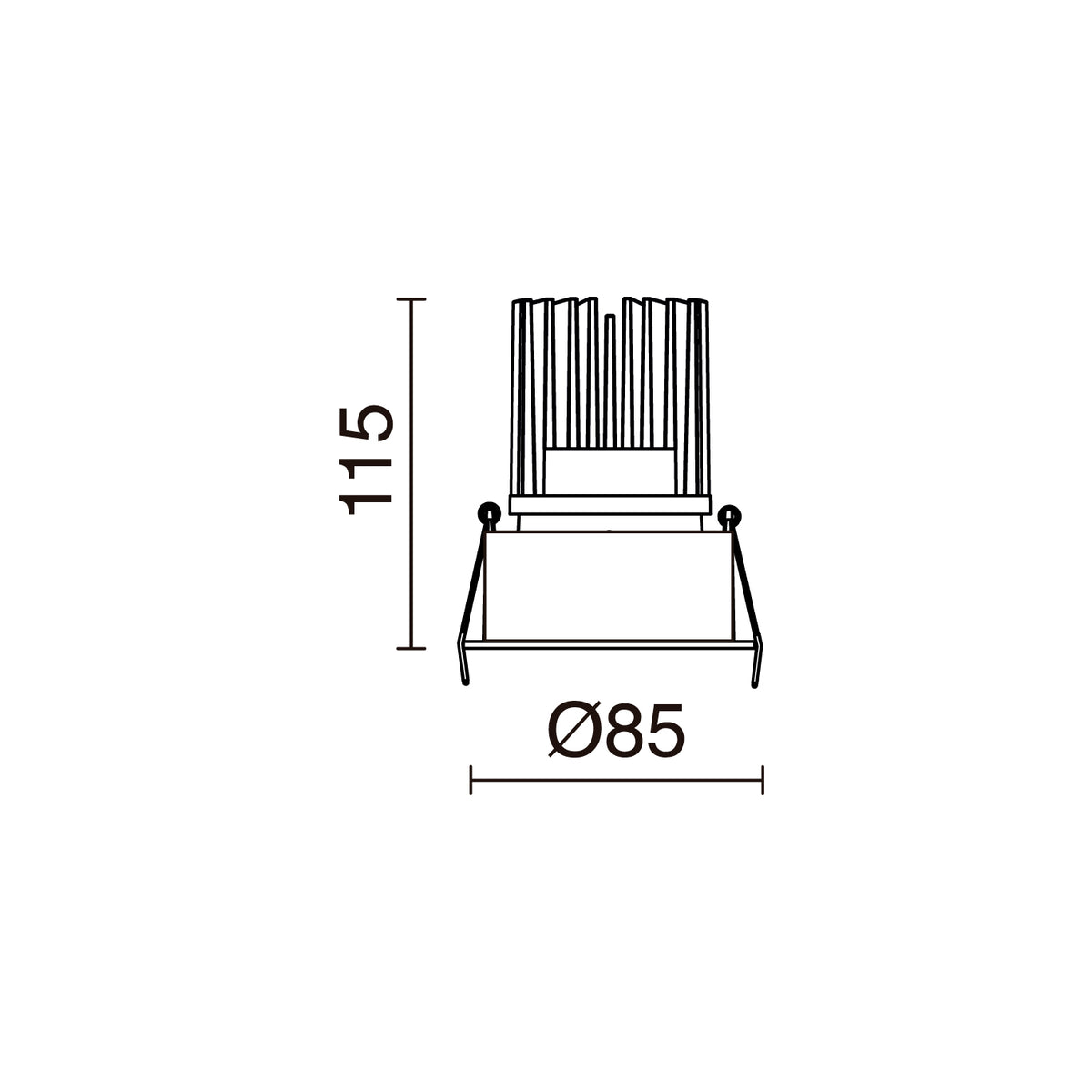 Schéma de dimensions du spot indiquant 115 mm de haut et Ø85