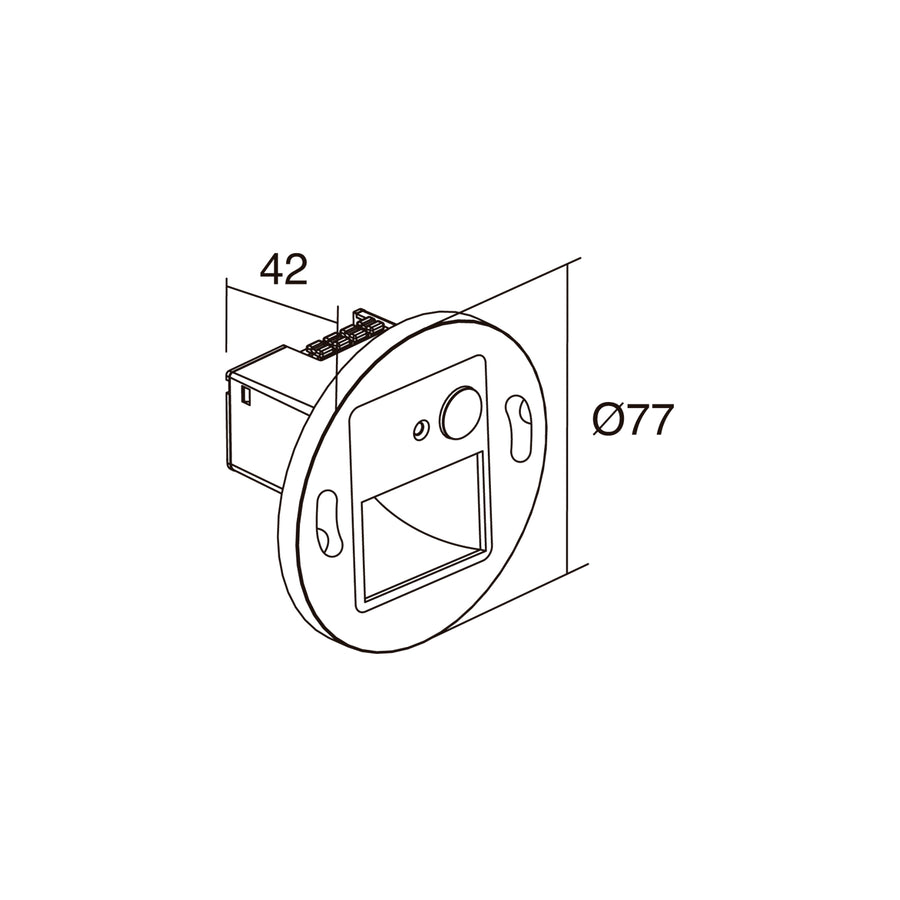 Schéma technique coté montrant le diamètre de 77 mm et la profondeur d’encastrement.