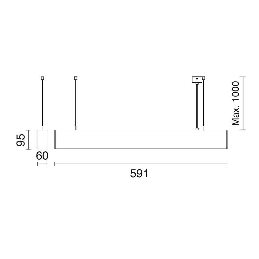 Schéma technique côtés : longueur 591 mm, hauteur 95 mm, largeur 60 mm.