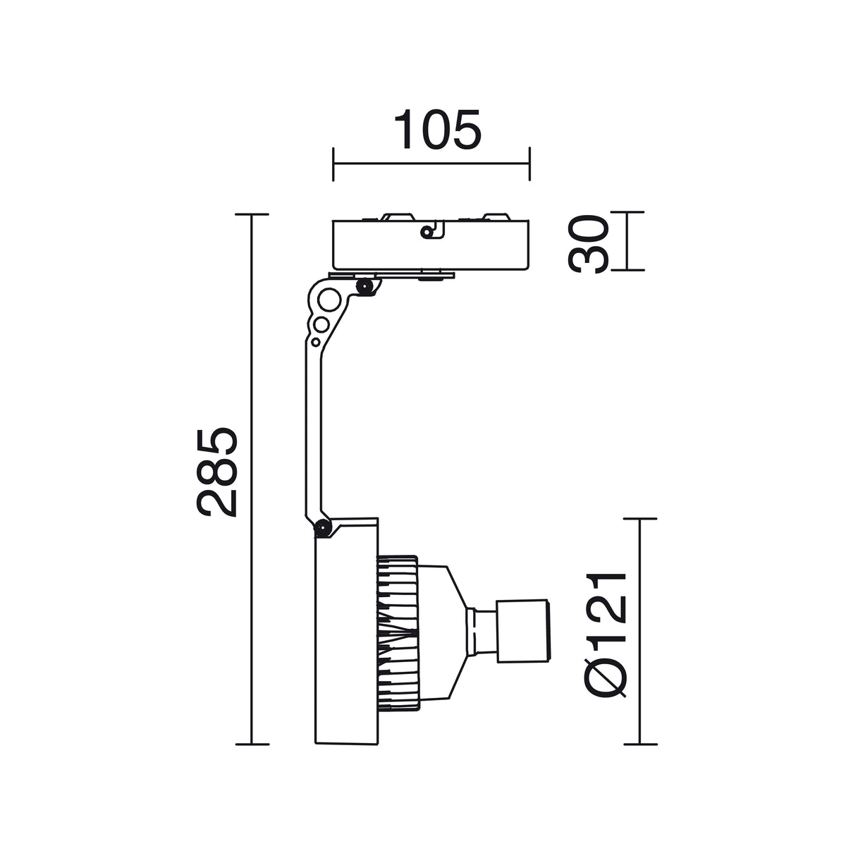 Schéma technique coté du spot, hauteur 285 mm et diamètre de tête 121 mm.