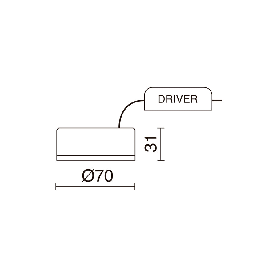 Schéma technique du spot avec diamètre 70 mm et hauteur 31 mm.