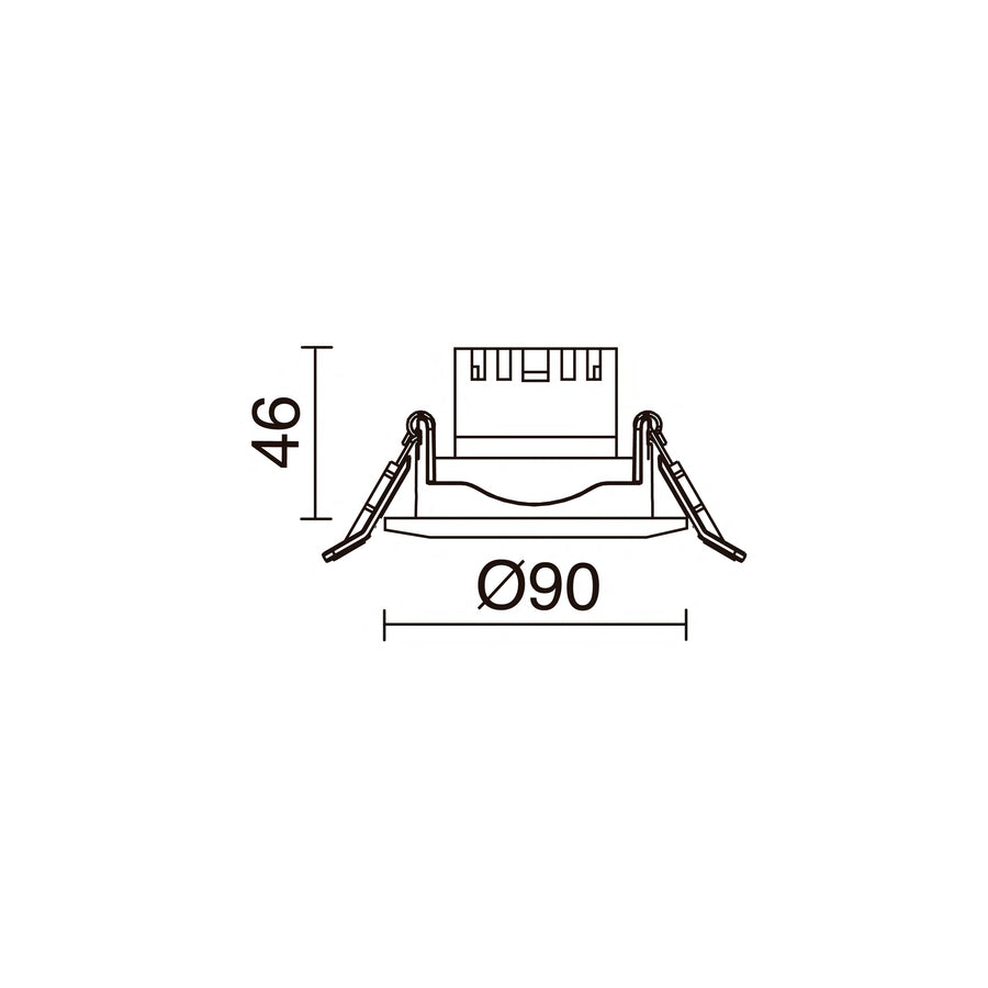 Schéma de dimensions du spot rond indiquant 90 mm de diamètre et 46 mm de hauteur.