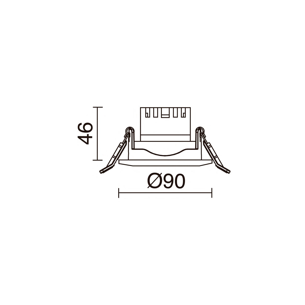 Schéma de dimensions du spot rond : diamètre 90 mm et hauteur 46 mm