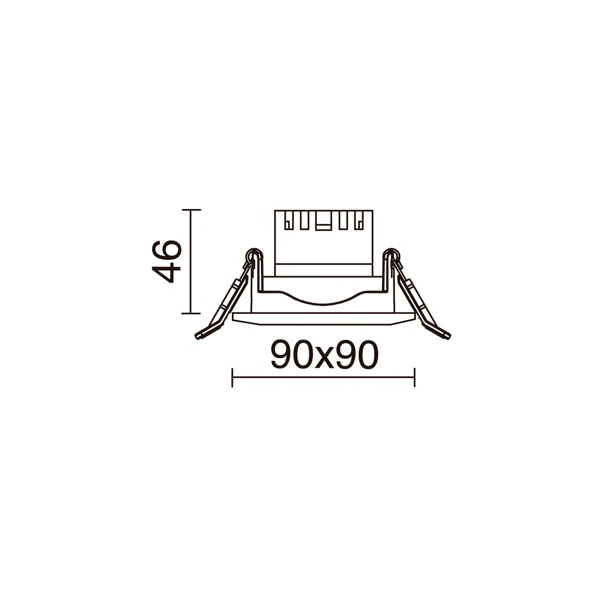 Schéma de dimensions du spot carré 90 x 90 mm et hauteur 46 mm