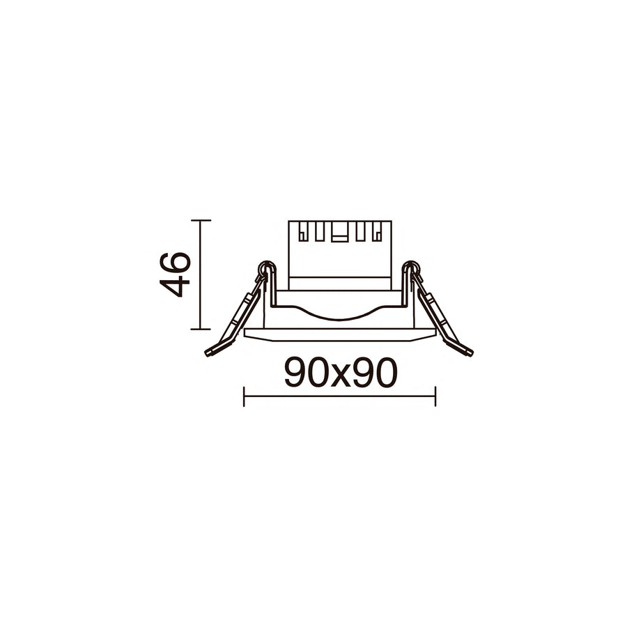 Schéma de dimensions du spot carré 90 x 90 mm et hauteur 46 mm