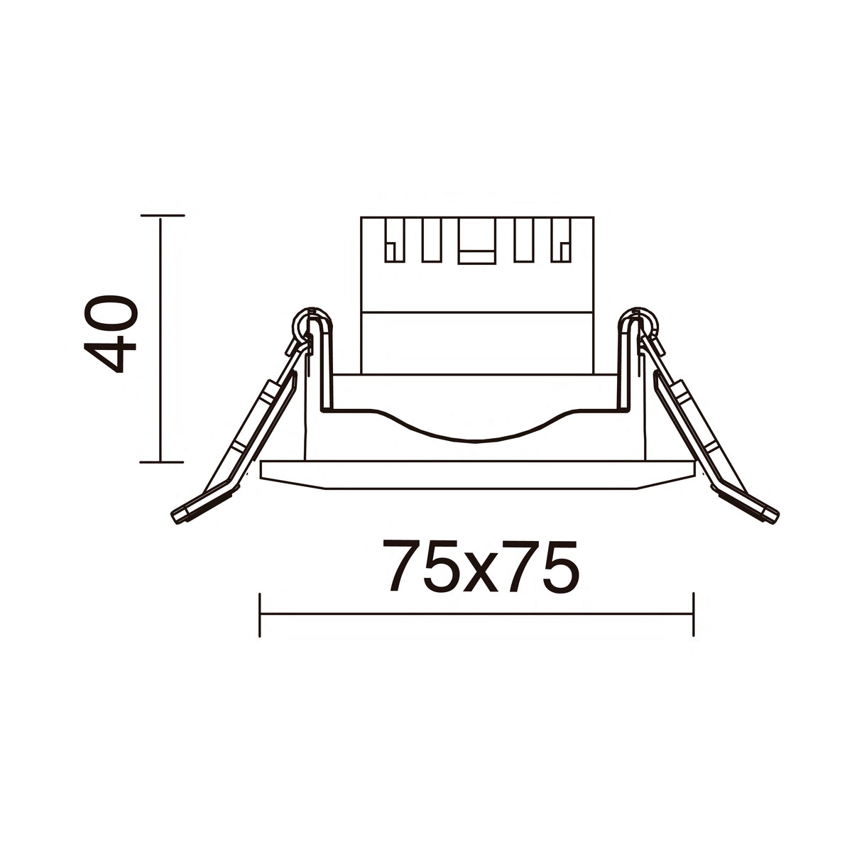 Schéma de dimensions du spot carré 75 x 75 mm, hauteur 40 mm