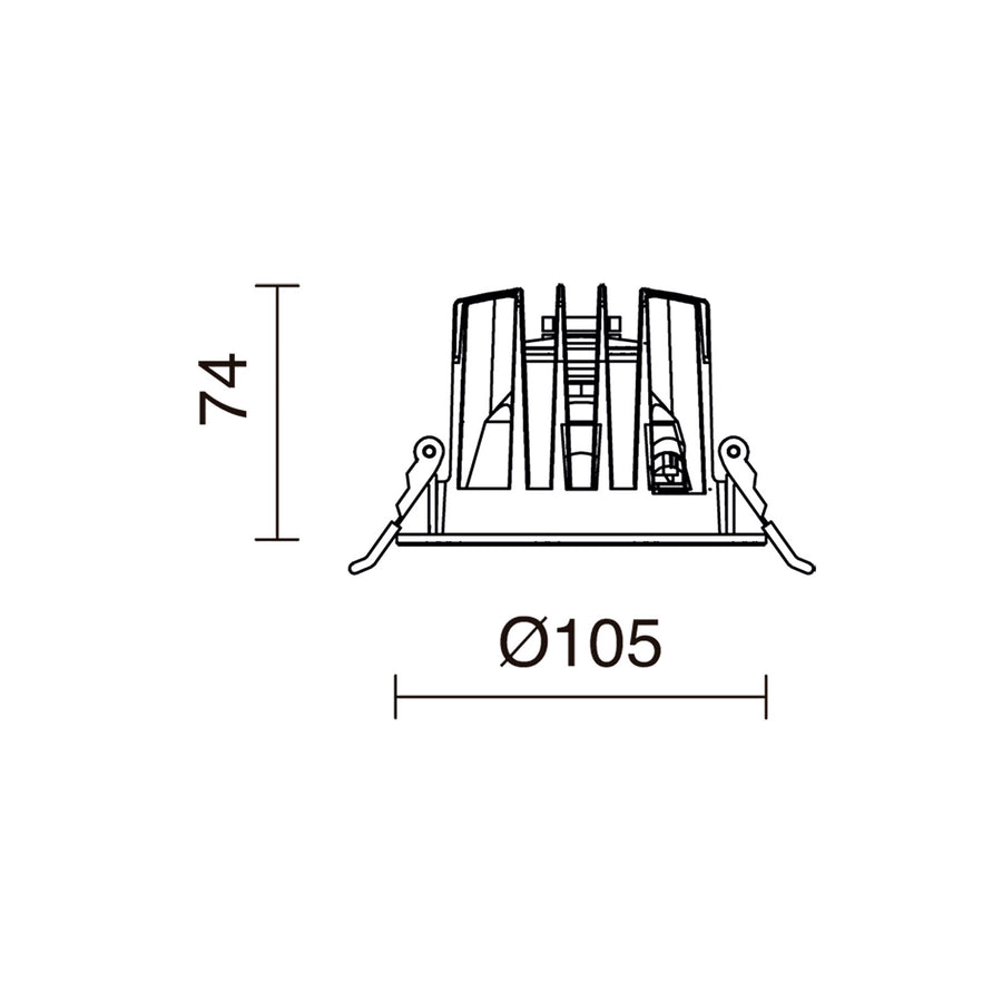 Plan technique coté du spot avec diamètre 105 mm et hauteur 74 mm