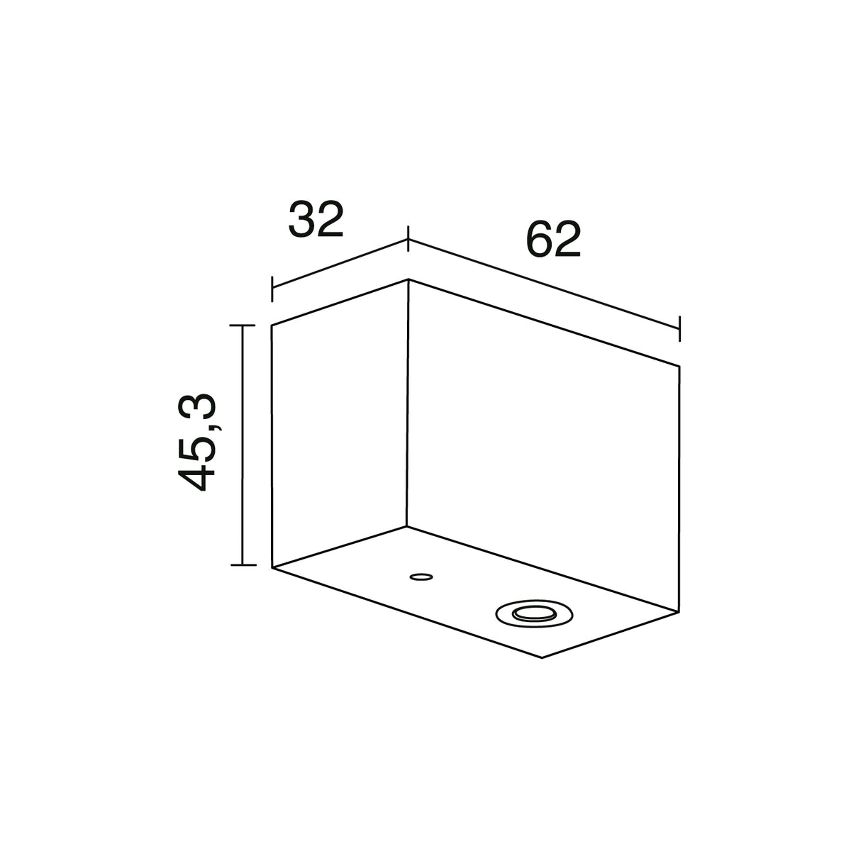 Schéma coté du boîtier avec dimensions 32, 62 et 45,3 mm.