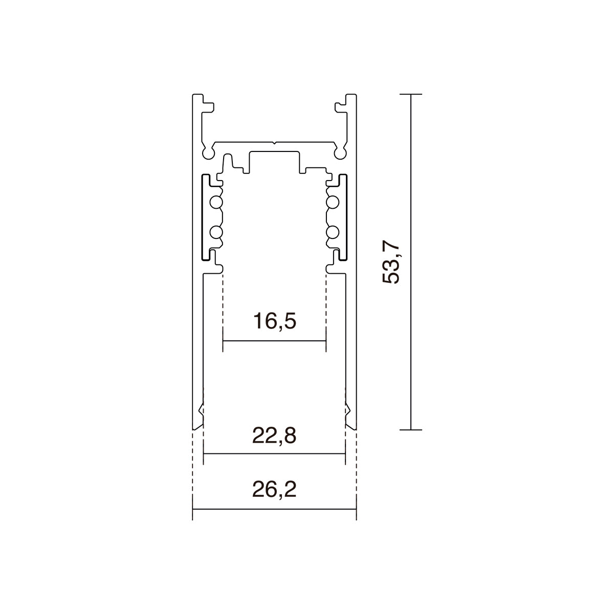 Schéma technique de la section du rail avec cotes 26,2 et 53,7 mm.