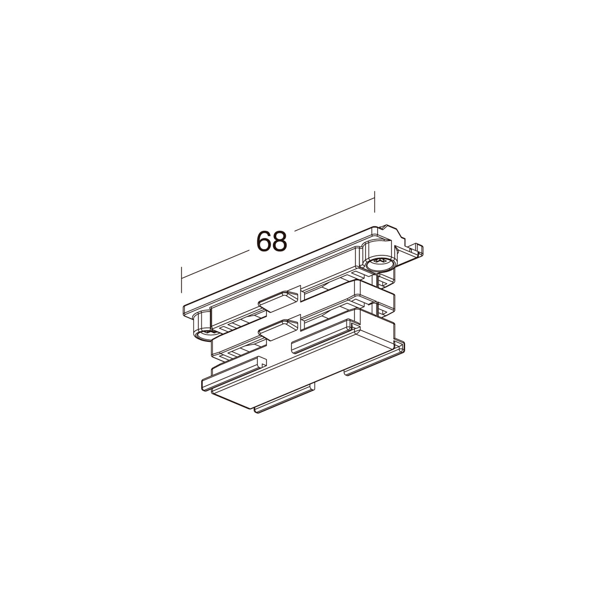 Schéma technique coté à 68 mm, dessin en perspective de la jonction pour rail.