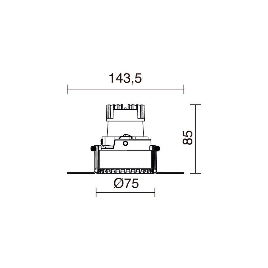 Schéma de dimensions du spot encastrable avec diamètre 75 mm et hauteur 85 mm.