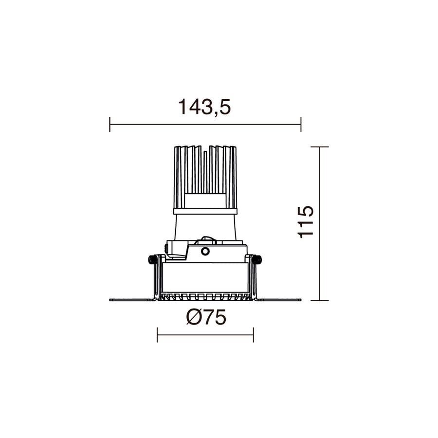 Schéma de dimensions du spot encastrable, diamètre 75 mm et hauteur 115 mm.