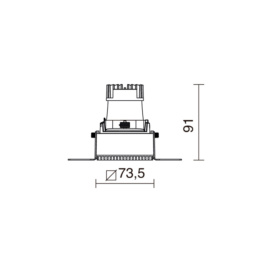 Schéma technique côté indiquant une largeur de 73,5 mm et une hauteur de 91 mm.
